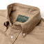 Tan button down oxford shirt, made in the USA, 100% cotton, white button, stitched placket. Gitman Vintage, collar.