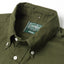 Olive button down oxford shirt, made in the USA, 100% cotton, white button, stitched placket. Gitman Vintage, collar.