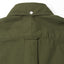 The back of the olive overdyed oxford button down shirt with a locker loop and a white buttoned collar.