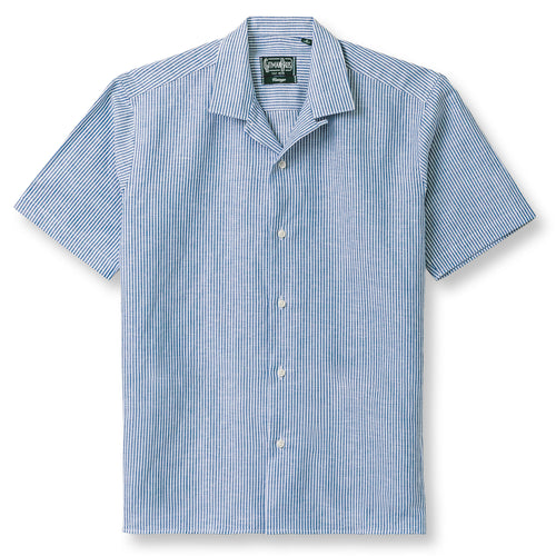 The Blue Stripe Linen Camp Shirt crafted from a breathable linen-cotton blend. Featuring a relaxed camp silhouette and classic stripe, this warm-weather staple delivers effortless summer style. Made in the USA.