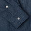 The  dark denim work shirt sleeve with  two white buttons.