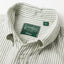 A close up photo of the green striped button down collar, white buttons green Gitman Vintage tag.