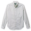 A blue striped button down shirt with a chest pocket, made from a brushed oxford fabric with white buttons.