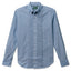 A blue button down tuxedo shirt with a chest pocket and a ruffled placket, made from a chambray fabric with white buttons.