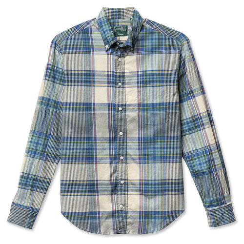 The Tan/Blue Archive Madras,  with a button down collar and front pocket.