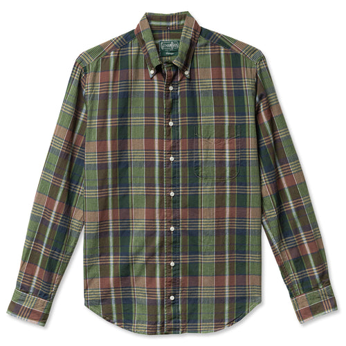 The Brown Archive Indian Madras, a stitched placket with barrel cuffs and a front pocket with white buttons.