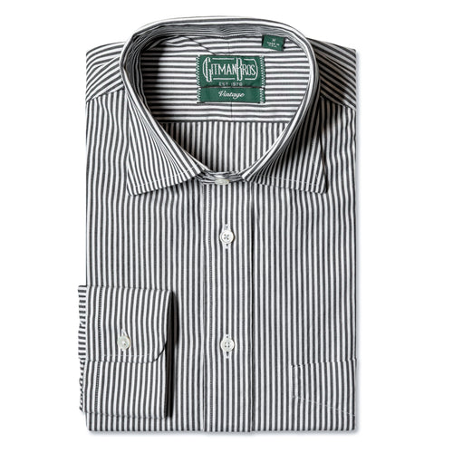 The Black Bengal Stripe Dress Shirt with a medium spread collar and mother of pearl buttons on a lined placket.