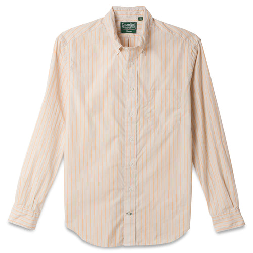 The Orange Striped Japanese  poplin shirt made from Japanese cotton features crisp breathable fabric with barrel cuffs, a chest pocket, and white buttons.