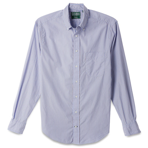 The Blue Striped Japanese  poplin shirt made from Japanese cotton features crisp breathable fabric with barrel cuffs, a chest pocket, and white buttons.