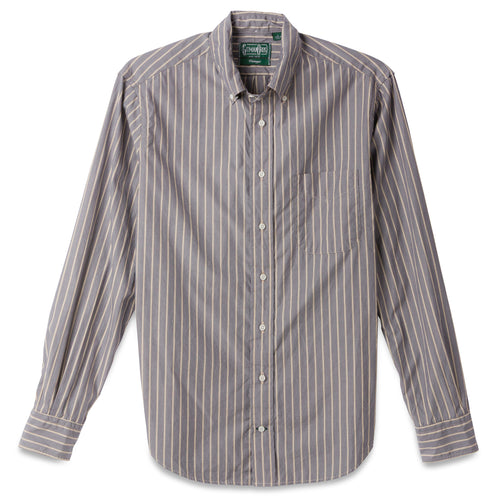 The Navy Striped Japanese  poplin shirt made from Japanese cotton features crisp breathable fabric with barrel cuffs, a chest pocket, and white buttons.