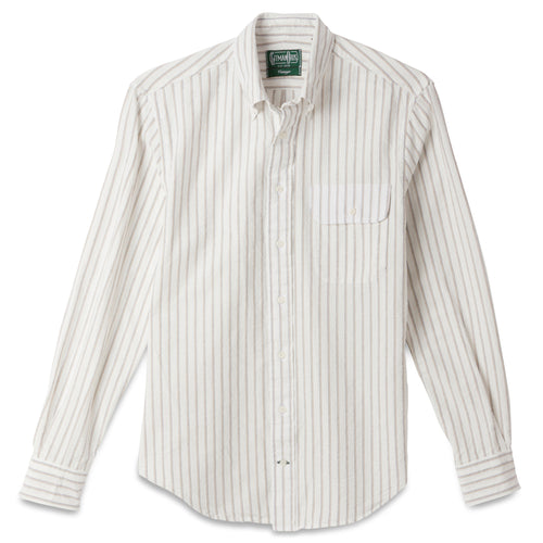The White Striped Japanese Oxford shirt, with a front pocket and white buttons on a stitched placket.