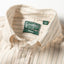 A close-up of the collar of the Tan Striped Japanese Oxford.