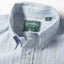 A close-up of the collar of the Blue Striped Japanese Oxford.