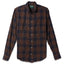 The Brown Checked Organic Cotton  button down shirt, with a front pocket and white buttons on a stitched placket.