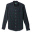 The Navy Checked Organic Cotton  button down shirt, with a front pocket and white buttons on a stitched placket.