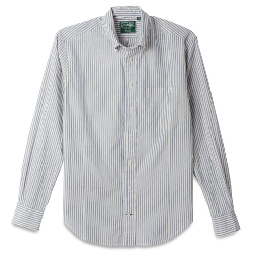 The White Organic Cotton Dobby Stripe button down shirt, with a front pocket and white buttons on a stitched placket.