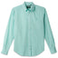 The Teal Chambray Dobby Stripe button down shirt, with a front pocket and white buttons on a stitched placket.