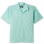 The Teal Dobby Stripe Chambray Camp Shirt, with short sleeves  and white buttons on the front.