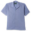The Blue Dobby Stripe Chambray Camp Shirt, with short sleeves  and white buttons on the front.