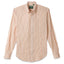 The Tan Awning Stripe shirt, a stitched placket with barrel cuffs and a front pocket with white buttons.
