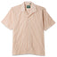 The Tan Awning Stripe Camp Shirt, with short sleeves  and white buttons on the front.