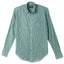 The Green Awning Stripe shirt, a stitched placket with barrel cuffs and a front pocket with white buttons.