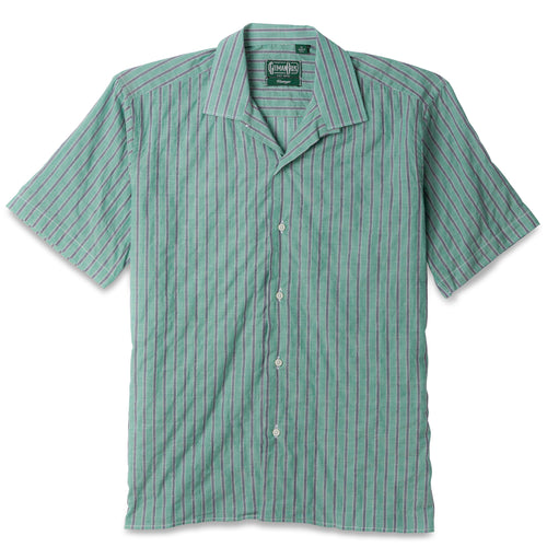 The Green Awning Stripe Camp Shirt, with short sleeves  and white buttons on the front.