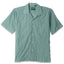 The Green Awning Stripe Camp Shirt, with short sleeves  and white buttons on the front.