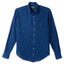 The Indigo Awning Stripe shirt, a stitched placket with barrel cuffs and a front pocket with white buttons.