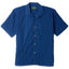 The Indigo Awning Stripe Camp Shirt, with short sleeves  and white buttons on the front.
