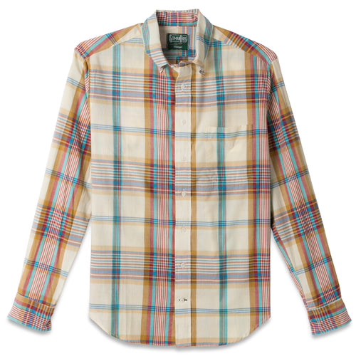 The Tan Archive Madras, a stitched placket with barrel cuffs and a front pocket with white buttons.