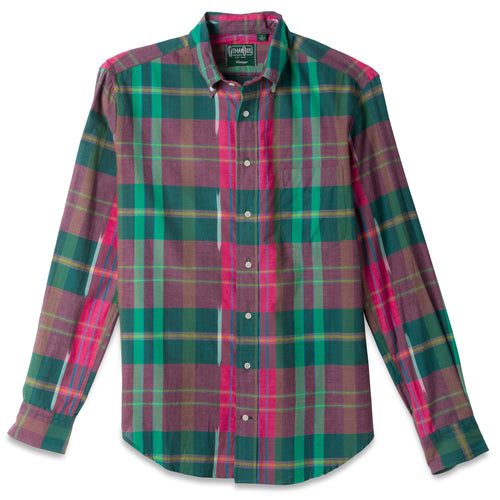 The Plum Ikat Madras, a stitched placket with barrel cuffs and a front pocket with white buttons.