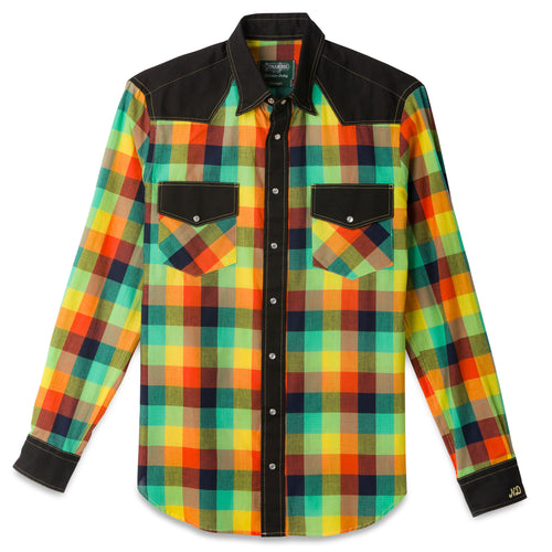 The Nicholas Daley Checker Madras Western shirt with two flap pockets and a stitched placket and button up collar.