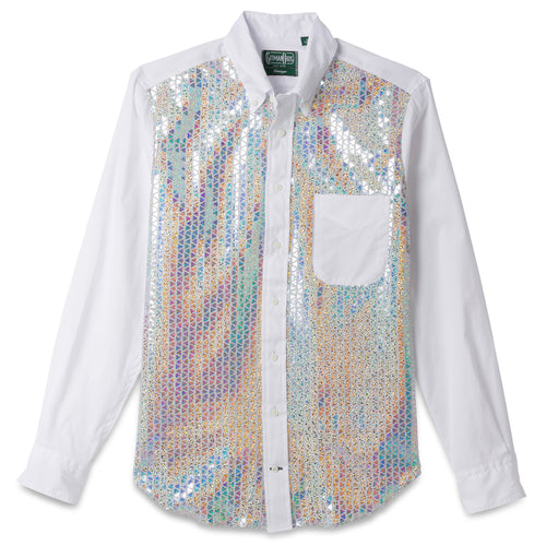 The Disco Zephyr Oxford, with flashy sequin-appliqué front panels and a front pocket and button down collar.