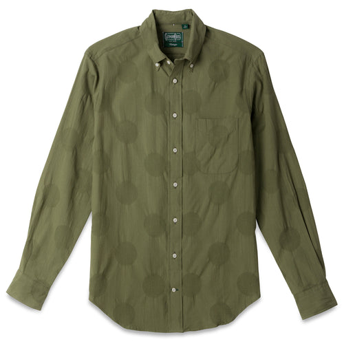The Olive Dobby Dot button down shirt with a front pocket and stitched placket.