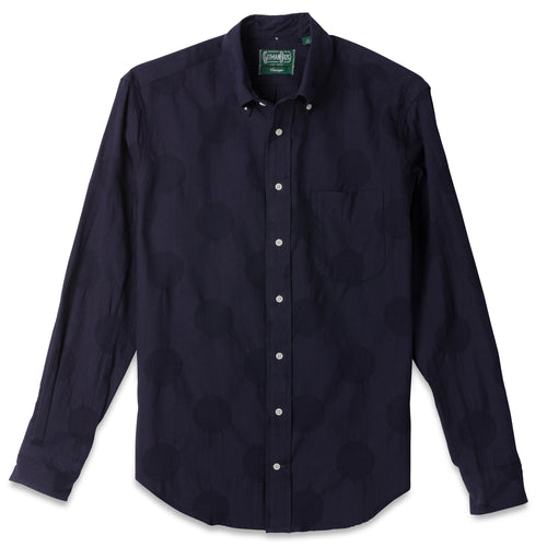 The Navy Dobby Dot button down shirt with a front pocket and stitched placket.
