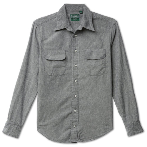 The Grey Nepped Silk shirt made from Japanese raw silk and features flap pockets and a button free collar with white buttons and barrel cuffs.