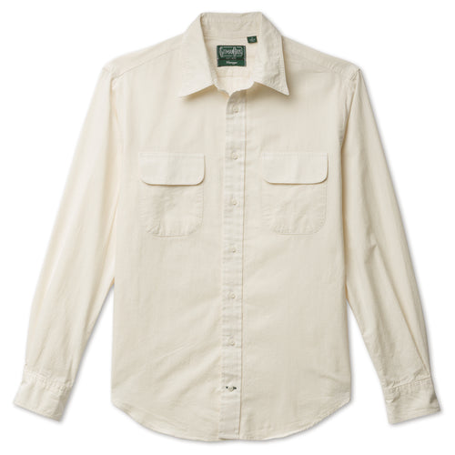 The Ecru Nepped Silk shirt made from Japanese raw silk and features flap pockets and a button free collar with white buttons and barrel cuffs.