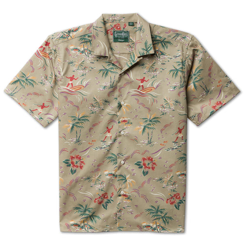The Tan Hawaiian Print Camp Shirt, made from a lightweight cotton broadcloth and features a top button loop and French front with side vents at the hem.