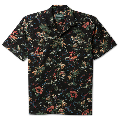 The Black Hawaiian Print Camp Shirt, made from a lightweight cotton broadcloth and features a top button loop and French front with side vents at the hem.
