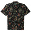 The Black Hawaiian Print Camp Shirt, made from a lightweight cotton broadcloth and features a top button loop and French front with side vents at the hem.