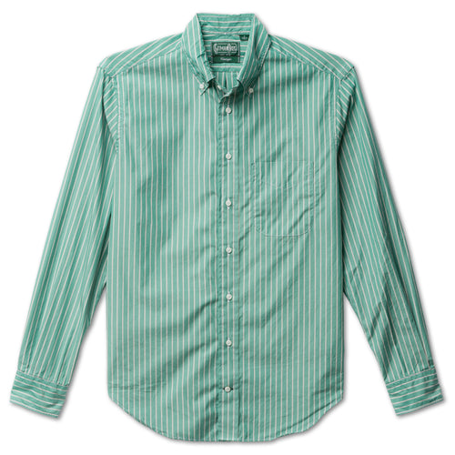 The Green Striped Japanese  poplin shirt made from Japanese cotton features crisp breathable fabric with barrel cuffs, a chest pocket, and white buttons.