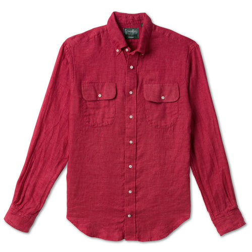 Red Albini Linen Flannel sport shirt features soft Italian linen flannel, button-down collar, lined cuffs, chest pocket, and versatile construction.