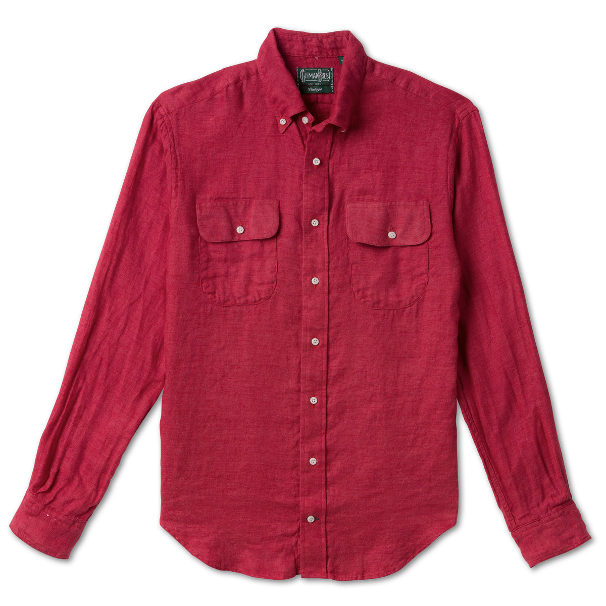 Red Albini Linen Flannel sport shirt features soft Italian linen flannel, button-down collar, lined cuffs, chest pocket, and versatile construction.