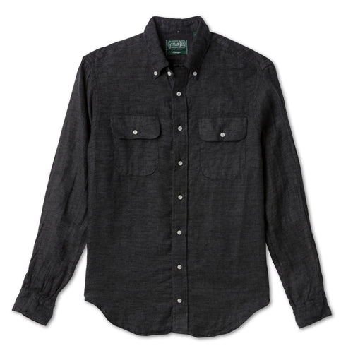 Charcoal Albini Linen Flannel sport shirt features soft Italian linen flannel, button-down collar, lined cuffs, chest pocket, and versatile construction.