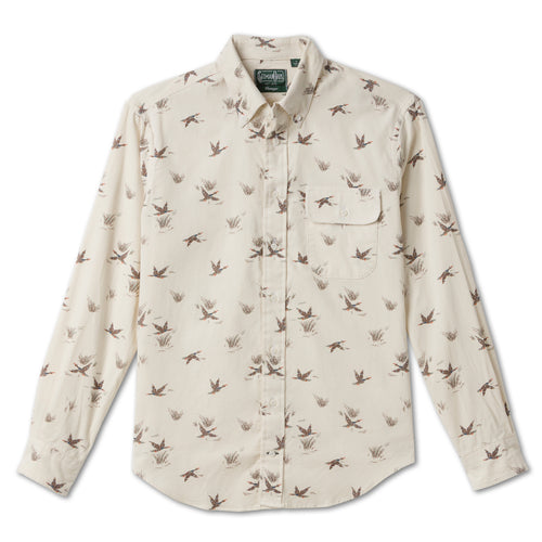 Ecru Waterfowl Corduroy sport shirt in cotton features textured corduroy fabric, button-down collar, lined cuffs, chest pocket, and durable construction.