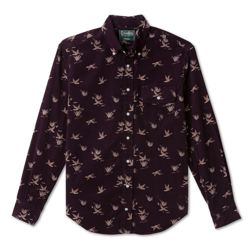 Purple Waterfowl Corduroy sport shirt in cotton features textured corduroy fabric, button-down collar, lined cuffs, chest pocket, and durable construction.