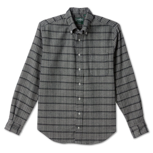 Prince of Wales Tweed sport shirt features a classic Prince of Wales check pattern, textured tweed fabric, button-down collar, lined cuffs, and chest pocket.