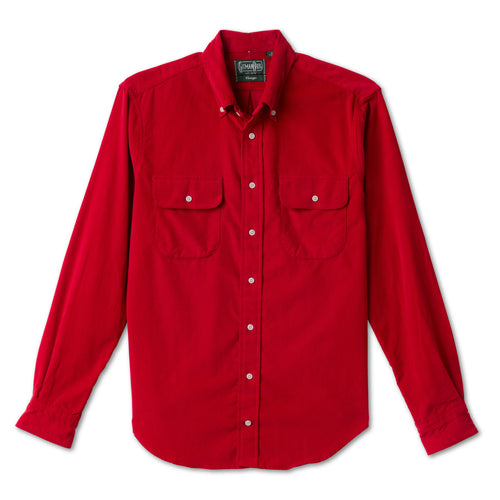 Red 16-Wale Corduroy sport shirt in cotton features fine-wale corduroy fabric, button-down collar, lined cuffs, chest pocket, and durable construction.
