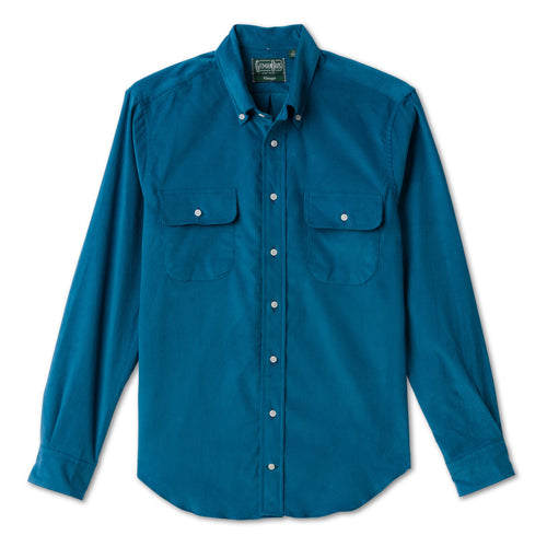 Blue 16-Wale Corduroy sport shirt in cotton features fine-wale corduroy fabric, button-down collar, lined cuffs, chest pocket, and durable construction.